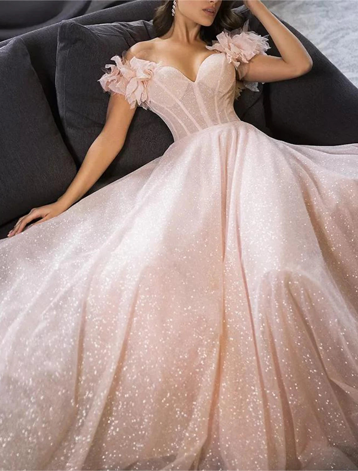 Aimishang A-Line Prom Dresses Glittering Dress Prom Birthday Floor Length Sleeveless Off Shoulder Tulle with Glitter Crystals