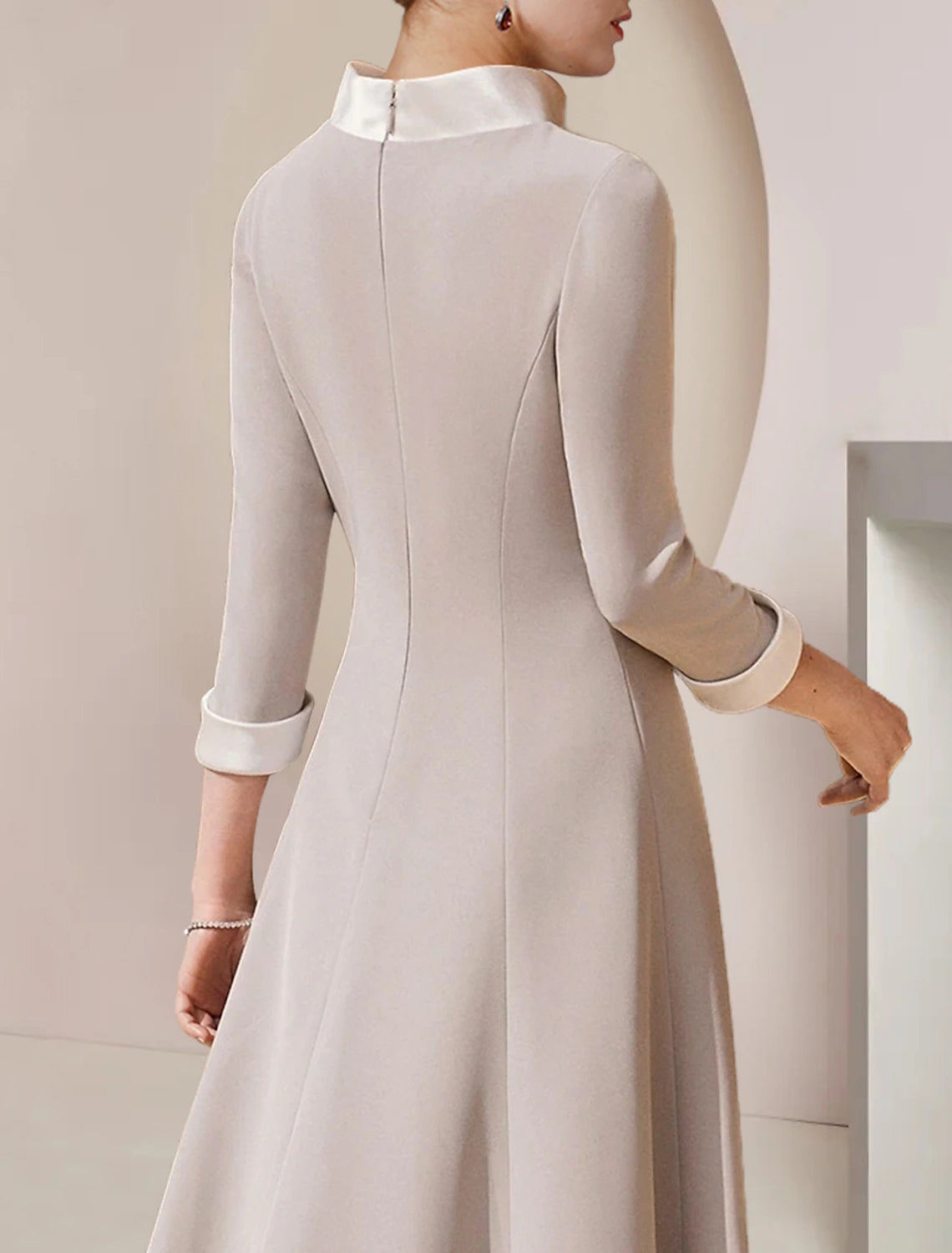 Aimishang A-Line Mother of the Bride Dress Formal Wedding Guest Party Elegant High Neck Asymmetrical Tea Length Satin 3/4 Length Sleeve with Bow(s) Crystal Brooch