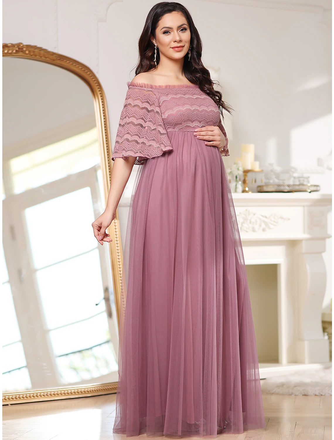 Aimishang A-Line Mother of the Bride Dress Maternity Elegant Off Shoulder Floor Length Lace Tulle Sleeveless with Tier