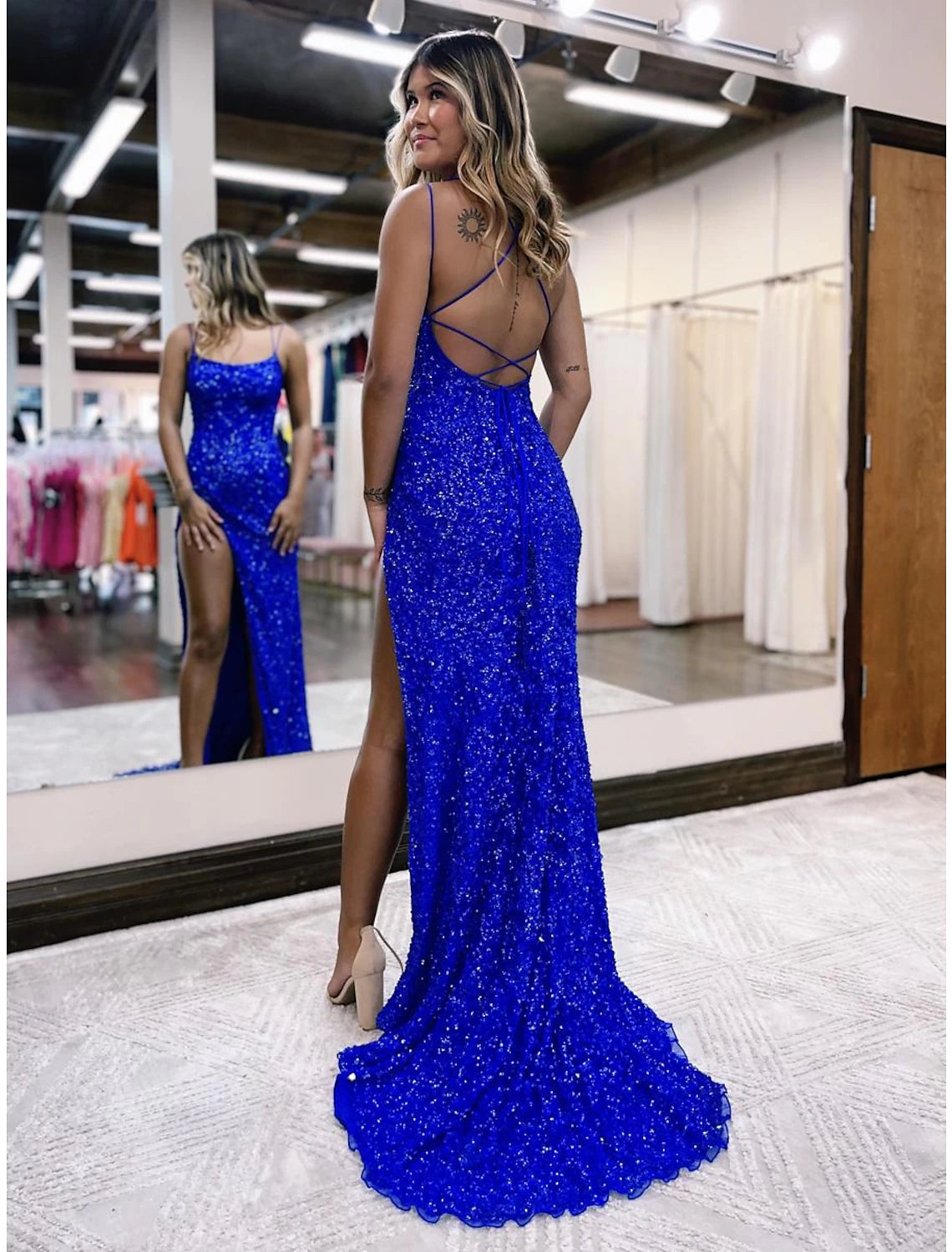 Aimishang Mermaid / Trumpet Prom Dresses Sparkle & Shine Dress Formal Wedding Party Sweep / Brush Train Sleeveless Spaghetti Strap Sequined Backless with Sequin Slit