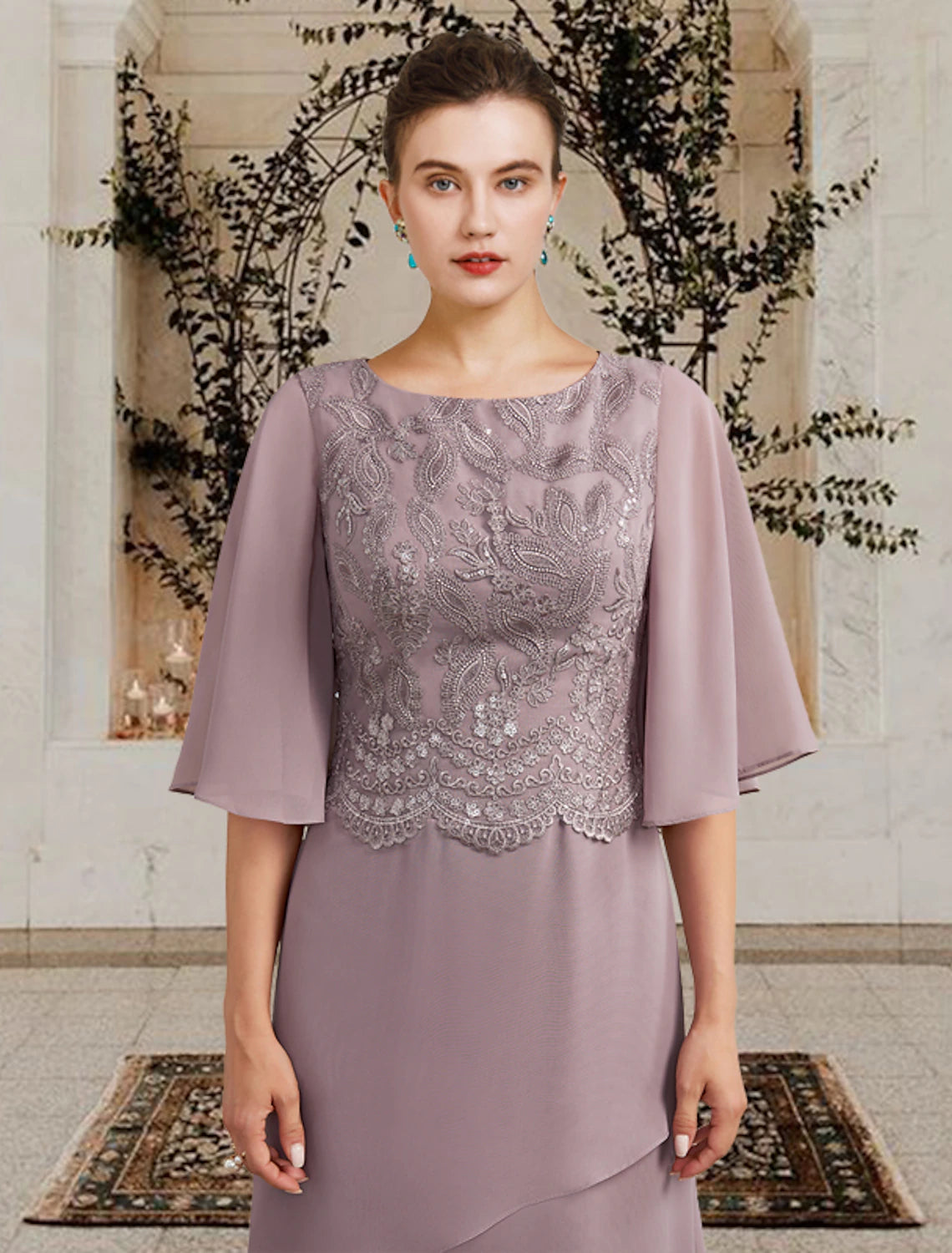 Aimishang Sheath / Column Mother of the Bride Dress Plus Size Elegant Jewel Neck Floor Length Chiffon Lace Short Sleeve with Ruffles Appliques