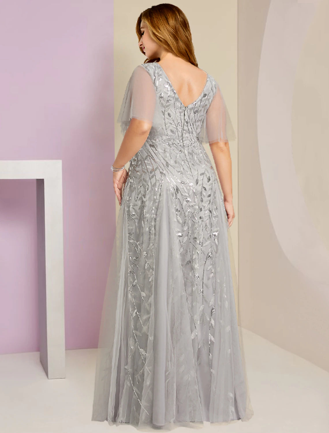 Aimishang Mother of the Bride Dresses Plus Size Curve Hide Belly Party Sparkle & Shine V Neck Floor Length Lace Tulle Short Sleeve with Pleats Sequin