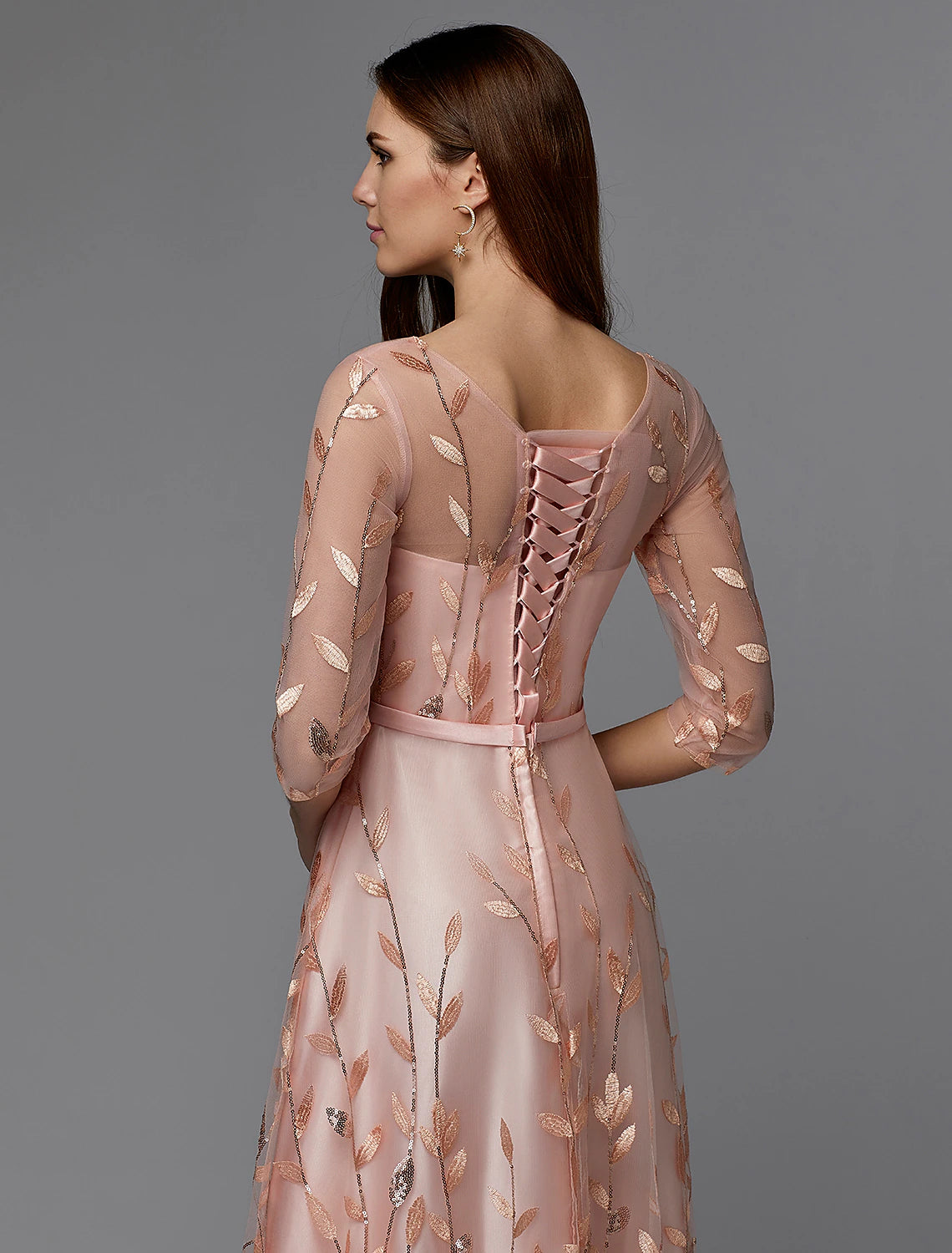 Aimishang A-Line Floral Dress Valentine's Day Wedding Guest Floor Length 3/4 Length Sleeve Illusion Neck Bridesmaid Dress Lace with Appliques