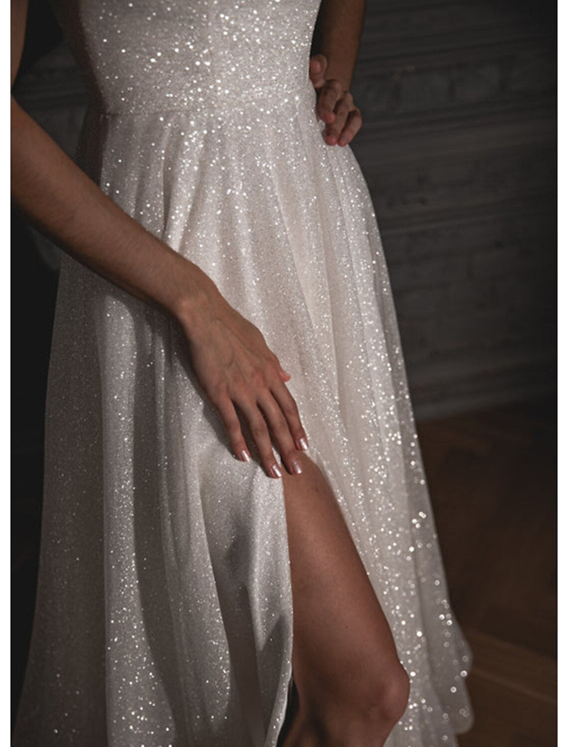 Aimishang A-Line Prom Dresses Glittering Dress Wedding Guest Wedding Party Sweep / Brush Train Sleeveless Spaghetti Strap Fall Wedding Reception Tulle with Sequin Slit