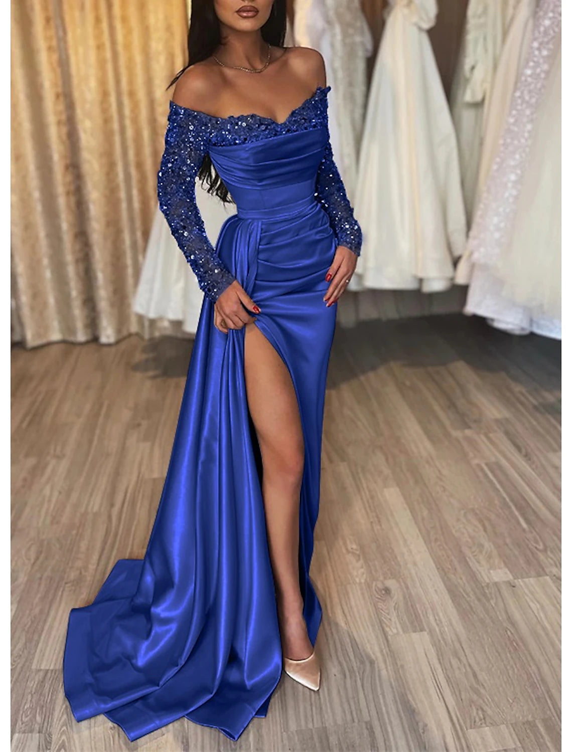 Aimishang Mermaid Black Dress Evening Gown Sparkle & Shine Dress Formal Wedding Party Court Train Long Sleeve Off Shoulder Fall Wedding Reception Satin with Ruched Sequin Slit