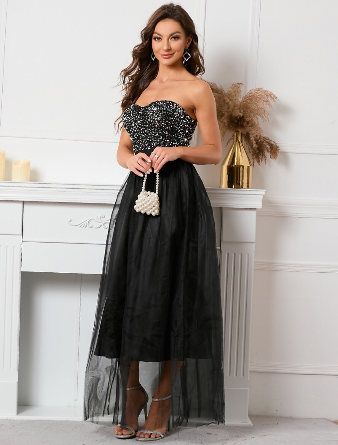 Aimishang A-Line Party Dresses Sparkle & Shine Dress Holiday Floor Length Sleeveless Strapless Sequined with Sequin