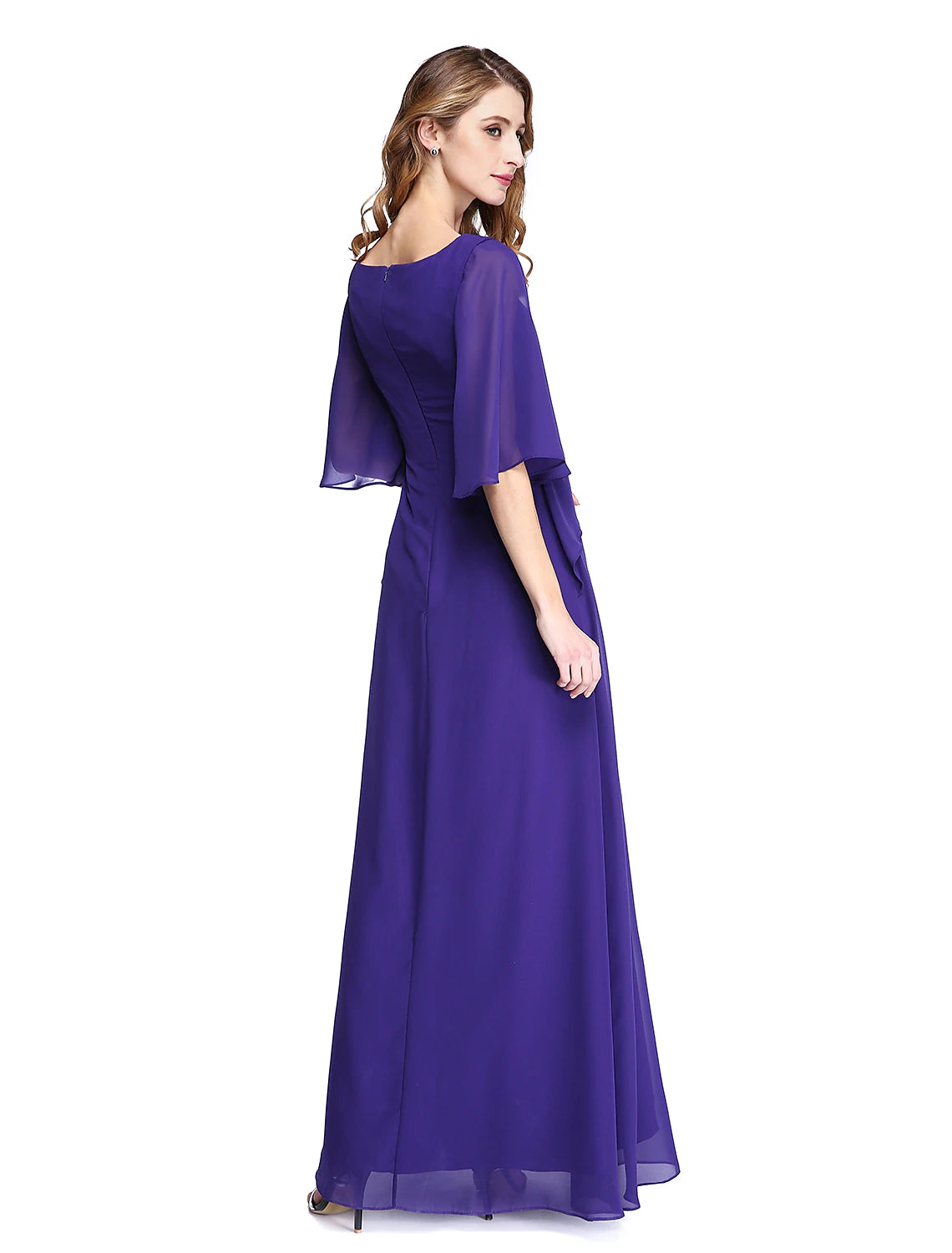 Aimishang Sheath / Column Mother of the Bride Dress Elegant Open Back Jewel Neck Floor Length Chiffon Half Sleeve with Pleats Beading Ruffle