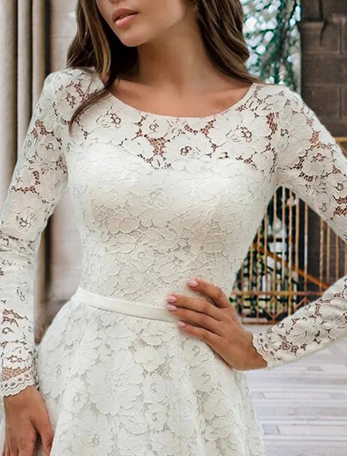 Aimishang Engagement Formal Fall Wedding Dresses A-Line Illusion Neck Long Sleeve Court Train Lace Bridal Gowns With Sashes / Ribbons Pleats Summer Wedding Party, Women‘s Clothing
