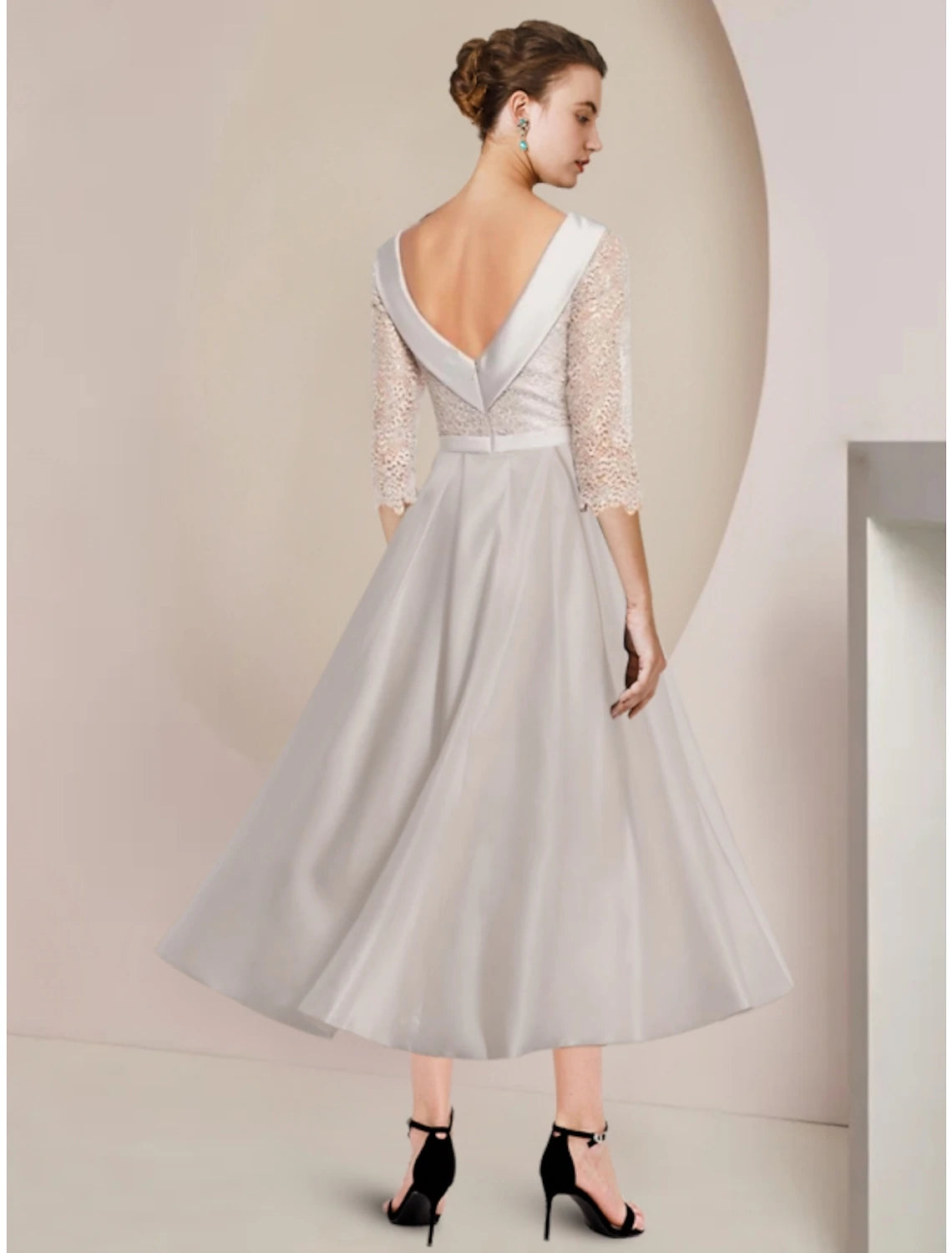 Aimishang Sheath / Column Mother of the Bride Dress Wedding Guest Minimalist Elegant Scoop Neck Tea Length Satin Lace Half Sleeve with Ruching