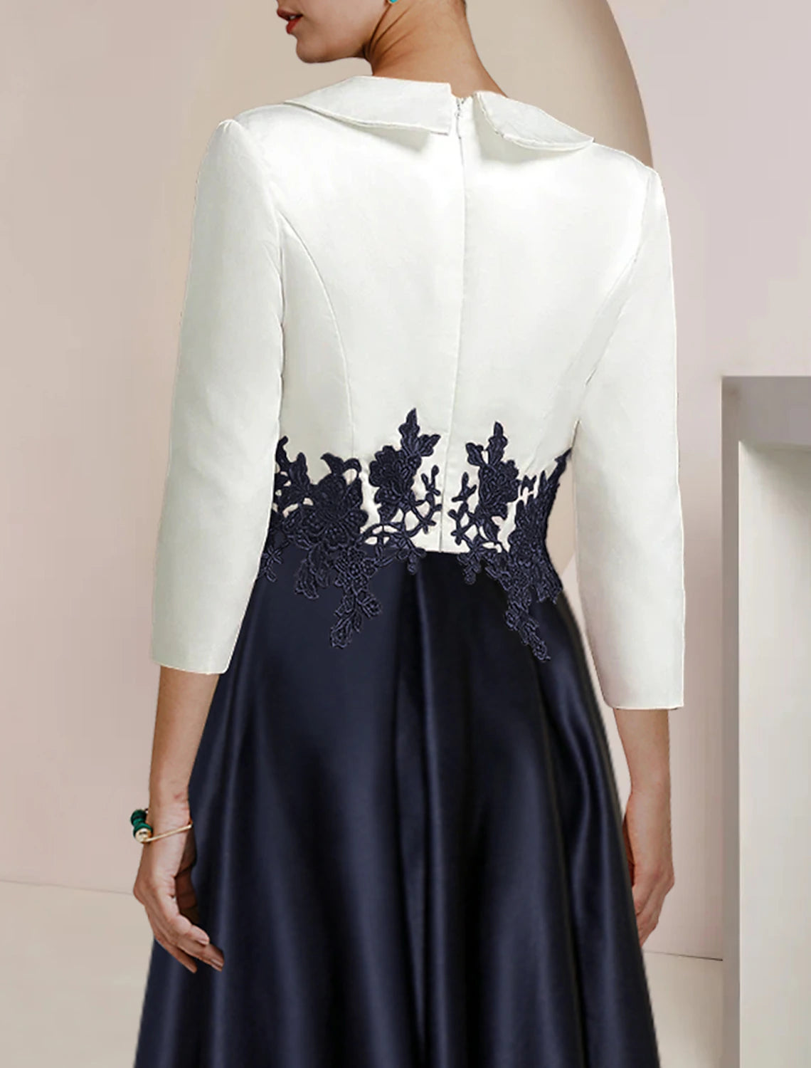 Aimishang A-Line Mother of the Bride Dress Formal Wedding Guest Elegant High Low Shirt Collar Asymmetrical Tea Length Satin Lace 3/4 Length Sleeve with Appliques Color Block