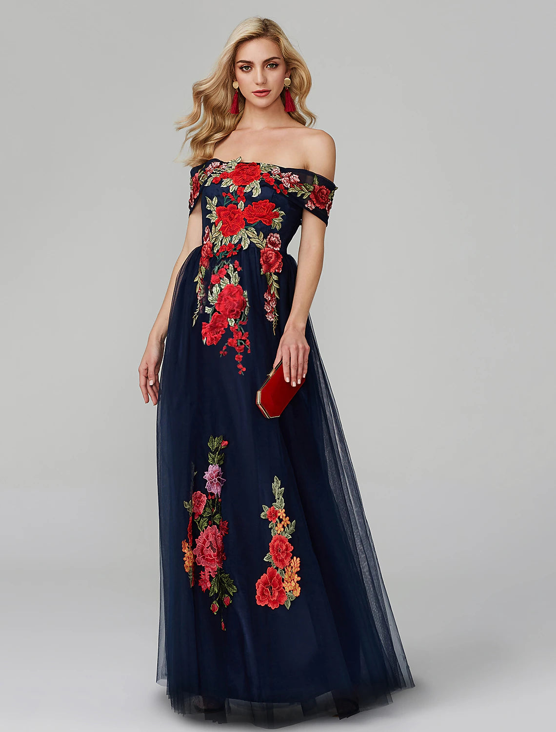 Aimishang A-Line Prom Dresses Floral Dress Wedding Guest Floor Length Sleeveless Off Shoulder Lace Over Tulle with Embroidery Appliques