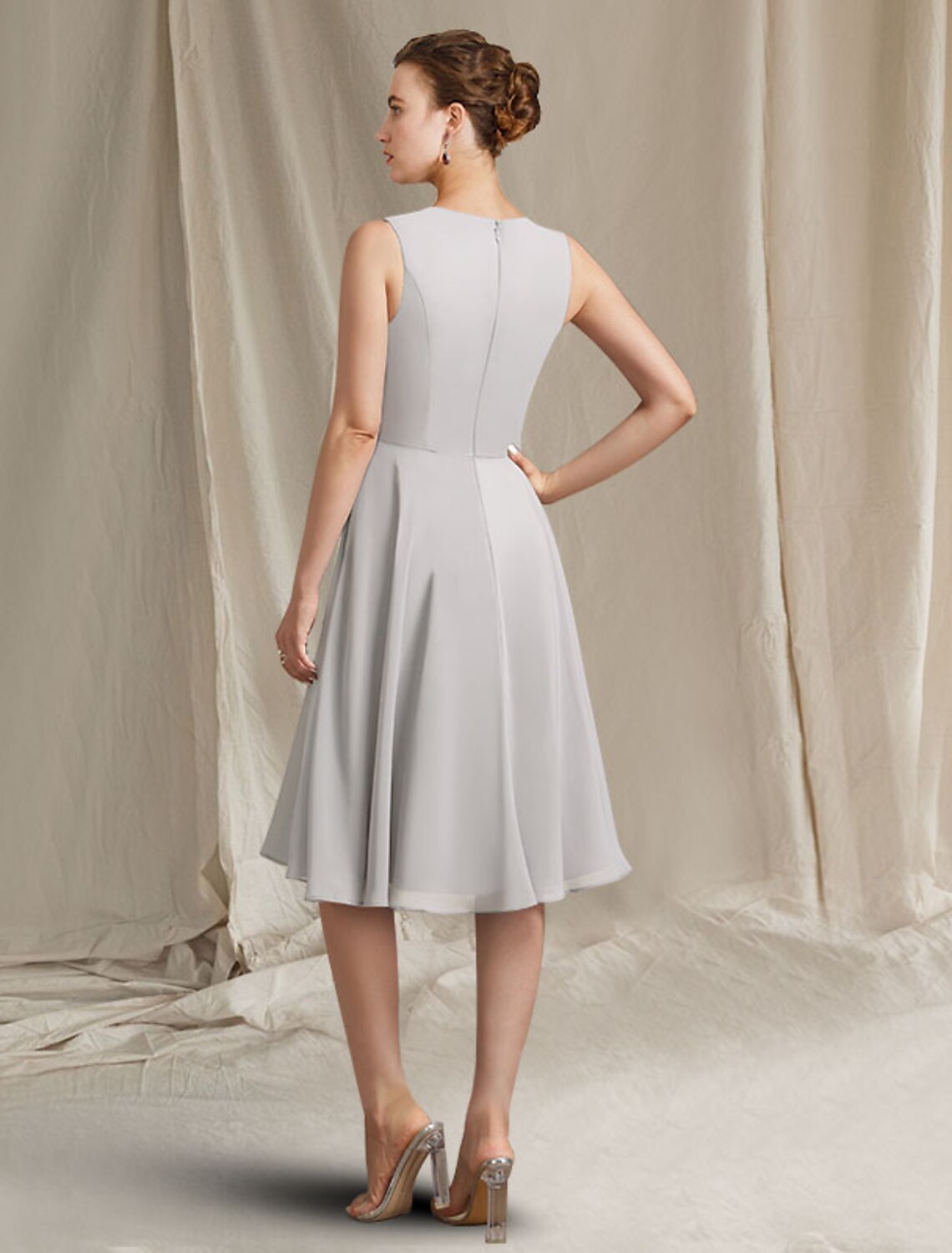 Aimishang Two Piece A-Line Mother of the Bride Dress Church Elegant Jewel Neck Knee Length Chiffon Lace Sleeveless Wrap Included with Pleats Appliques