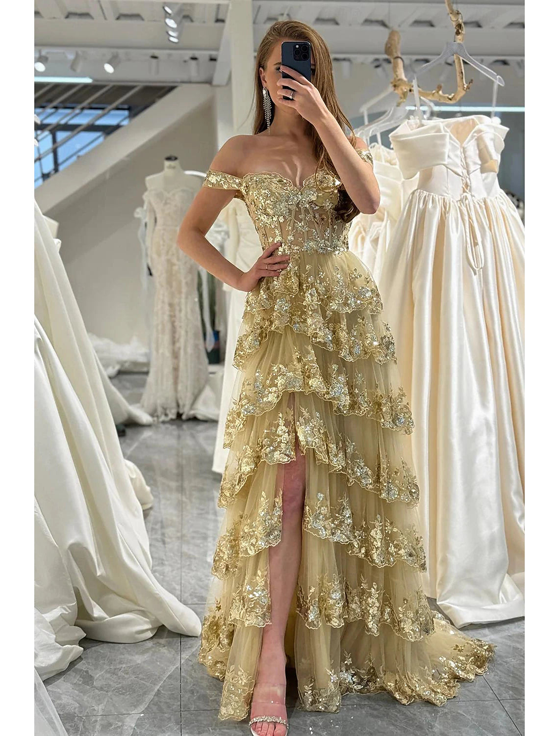 Aimishang Mermaid Black Prom Dresses Corsets Dress Wedding Guest Evening Party Court Train Sleeveless Off Shoulder Tulle with Sequin Slit