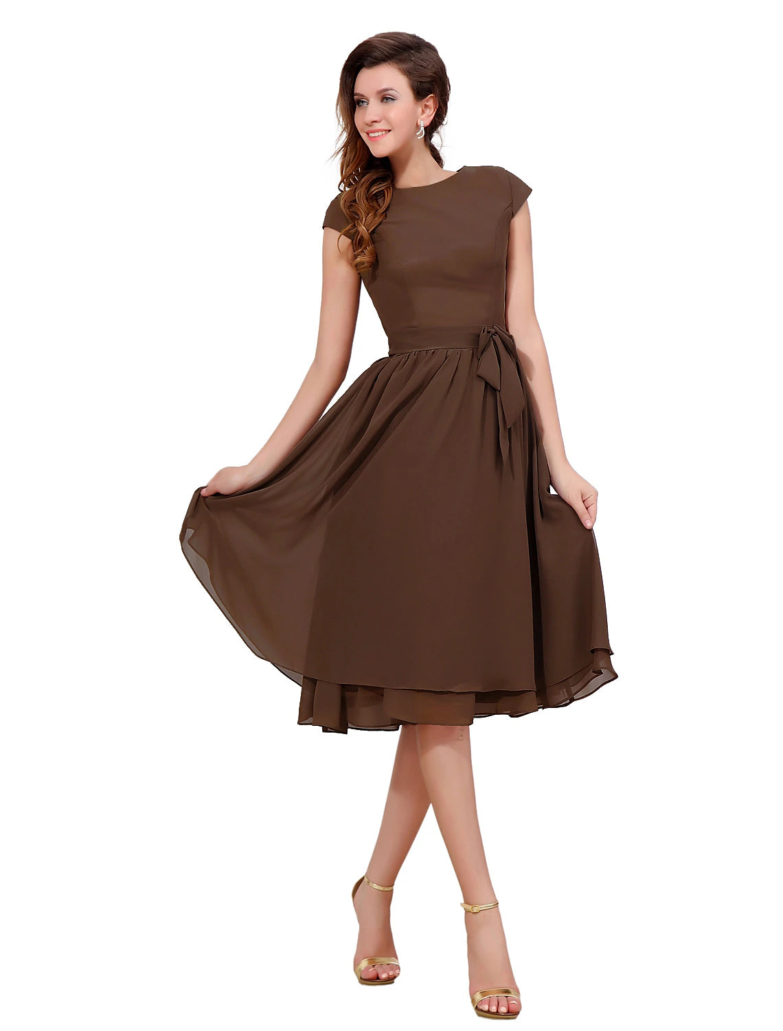 Aimishang A-Line Mother of the Bride Dress Sweet Jewel Neck Knee Length Chiffon Short Sleeve with Buttons