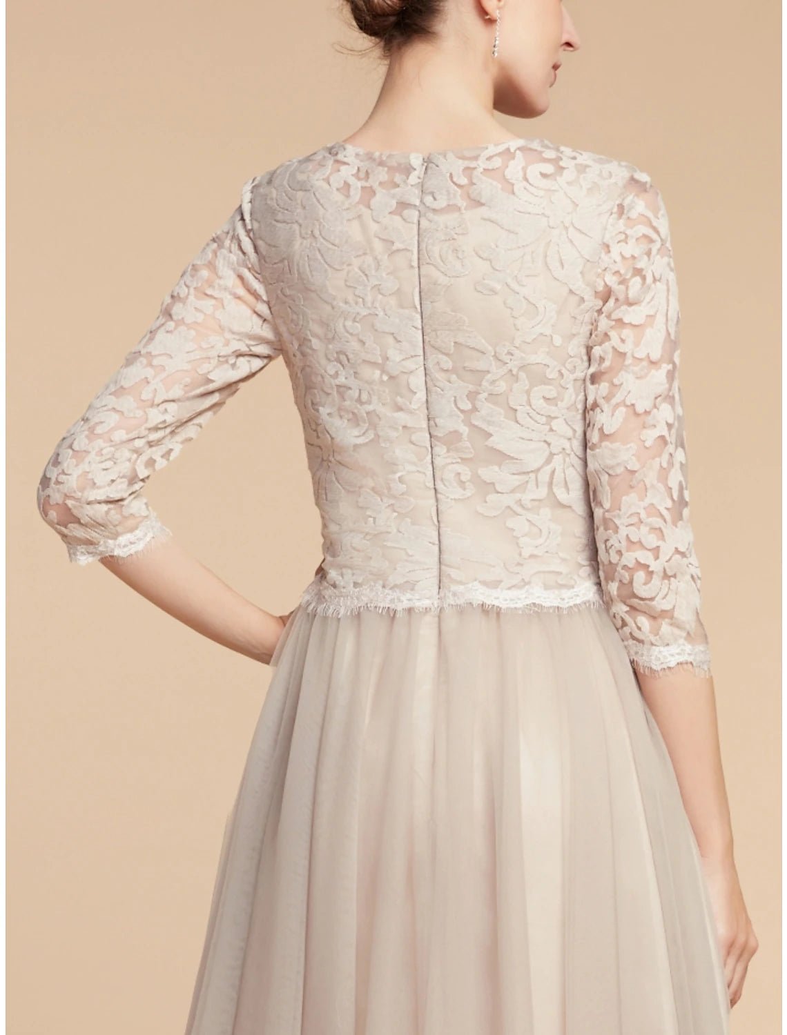 Aimishang A-Line Mother of the Bride Dress Wedding Guest Elegant Petite Jewel Neck Knee Length Lace Tulle Half Sleeve with Pleats Solid Color