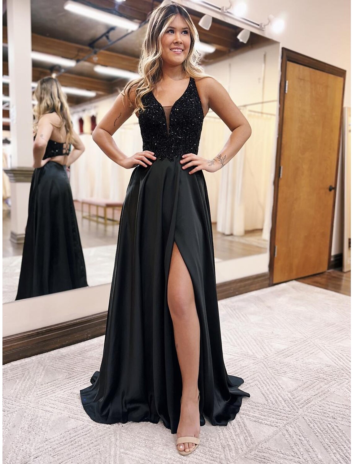 Aimishang A-Line Evening Gown Empire Dress Formal Prom Floor Length Sleeveless V Neck Pocket Satin Backless with Beading Appliques