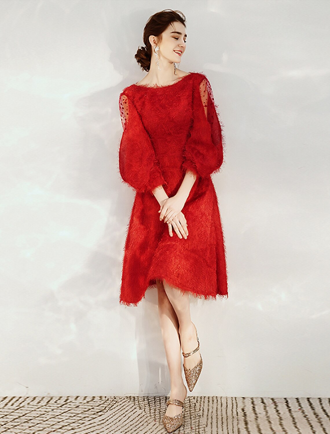 Aimishang A-Line Cocktail Dresses Princess Dress Cocktail Party Tea Length 3/4 Length Sleeve Jewel Neck Nylon with Sash / Ribbon Pure Color