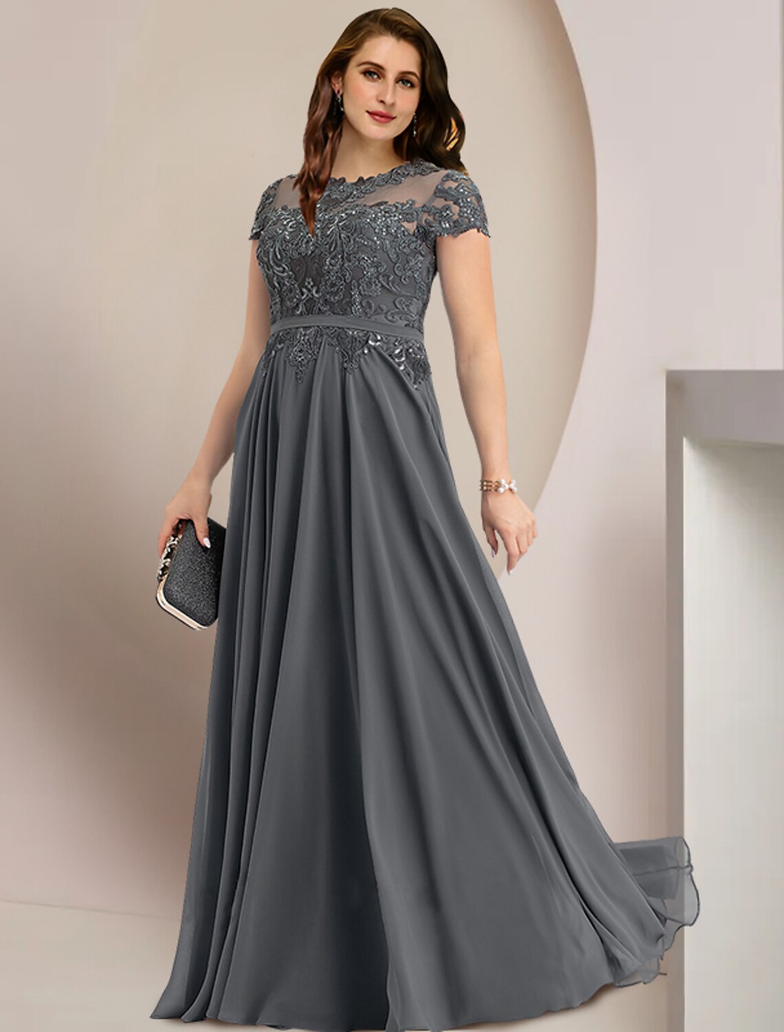 Aimishang Plus Size Curve Mother of the Bride Dress Wedding Guest Party Elegant Jewel Neck Floor Length Chiffon Lace Short Sleeve with Pleats Sequin