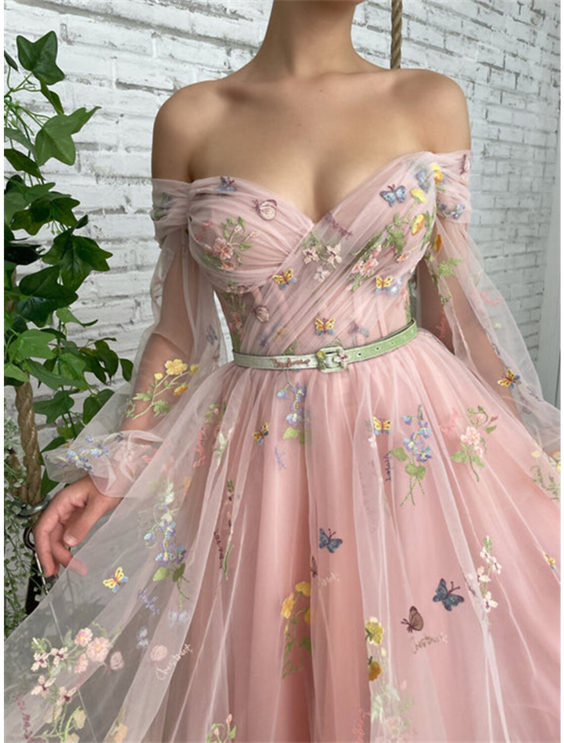 Aimishang A-Line Prom Dresses Floral Dress Birthday Garden Party Ankle Length Long Sleeve Off Shoulder Fall Wedding Guest Lace with Embroidery Appliques