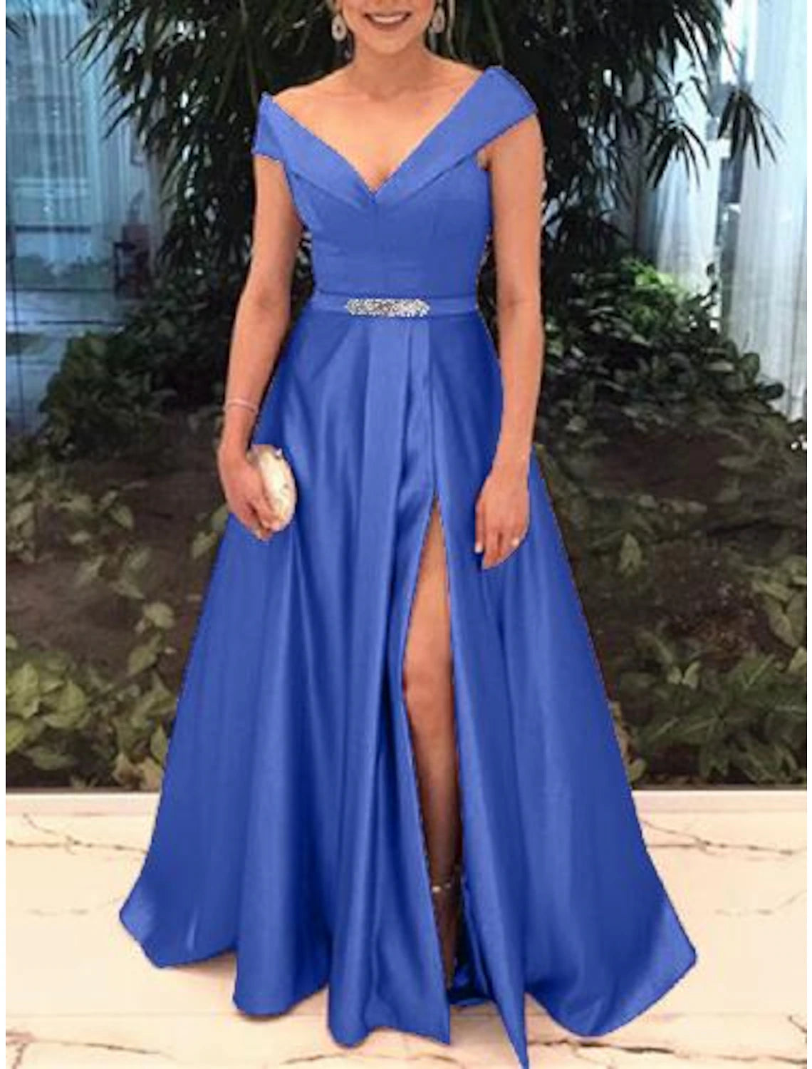 Aimishang A-Line Elegant Prom Formal Evening Valentine's Day Dress Off Shoulder Short Sleeve Sweep / Brush Train Satin with Split Front