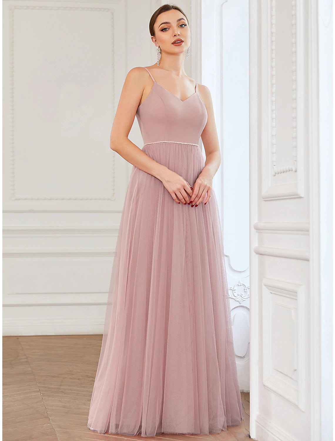 Aimishang A-Line Prom Dresses Vintage Dress Wedding Guest Floor Length Sleeveless V Neck Tulle V Back with Pleats Draping