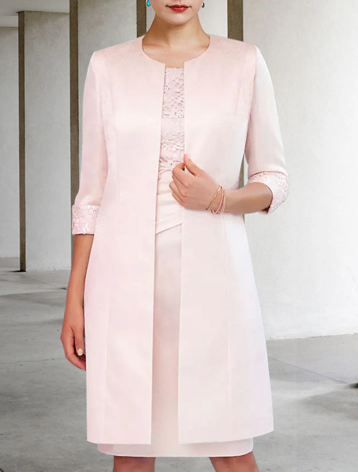 Aimishang Two Piece Sheath / Column Mother of the Bride Dress Church Elegant Winter With Jacket Half Sleeve Scoop Neck Knee Length Satin Lace Side-Draped