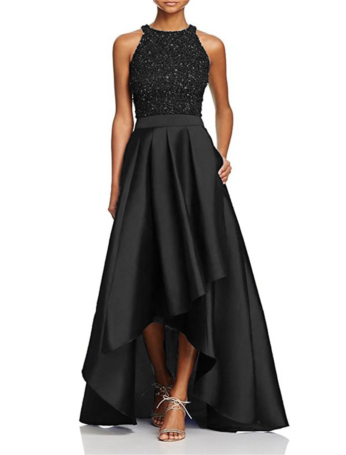 Aimishang A-Line Prom Dresses Sparkle Black Dress Plus Size Party Wear Formal Asymmetrical Sleeveless Jewel Neck Fall Wedding Guest Dresses