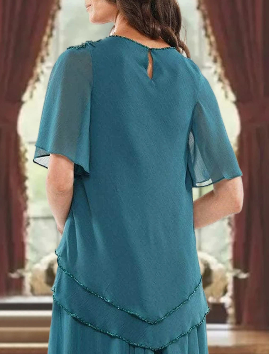 Aimishang A-Line Mother of the Bride Dress Formal Wedding Guest Elegant Jewel Neck Floor Length Chiffon Short Sleeve with Pleats Beading