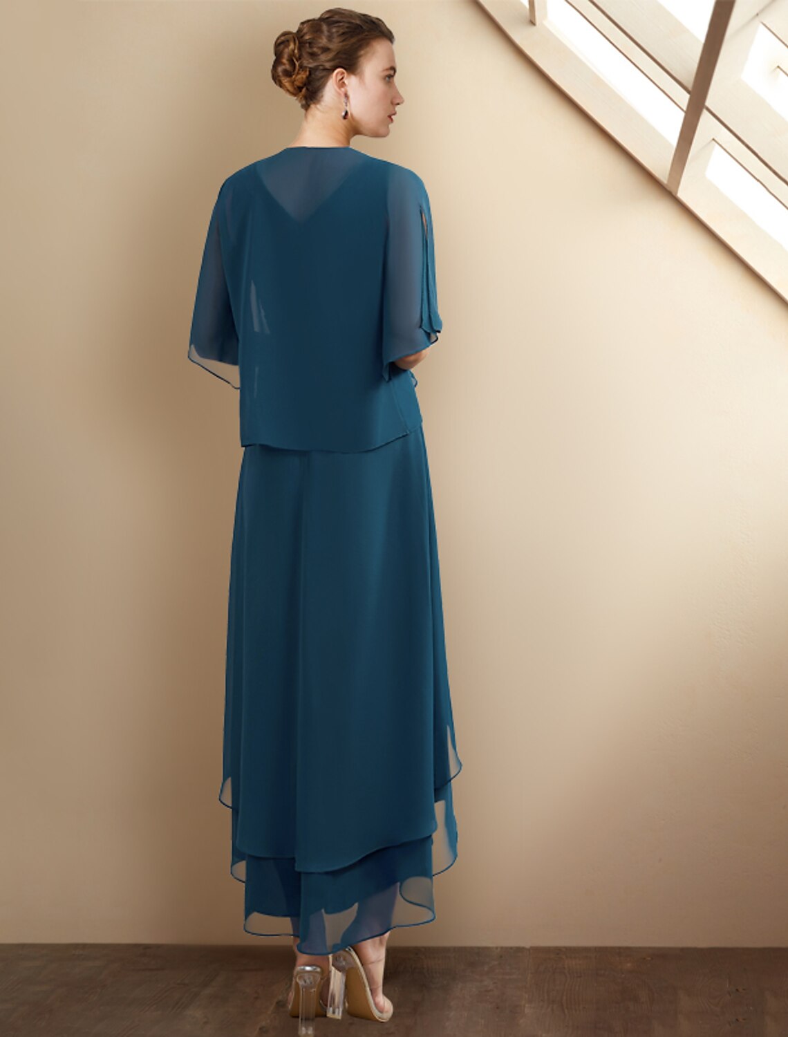 Aimishang A-Line Mother of the Bride Dress Elegant High Low V Neck Asymmetrical Tea Length Chiffon Sleeveless Wrap Included with Beading Cascading Ruffles Side-Draped