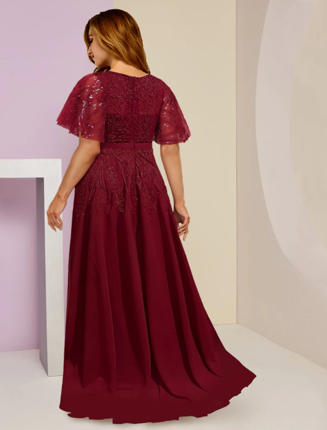 Aimishang Mother of the Bride Dresses Plus Size Curve Hide Belly Wedding Guest Elegant Sparkle & Shine V Neck Floor Length Chiffon Lace Sequined Short Sleeve with Pleats Split Front