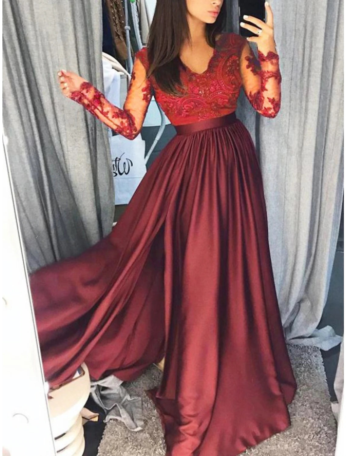 Aimishang A-Line V Neck Long Sleeve Prom Dress Bridal Gowns Elegant Evening Party Dress With Split