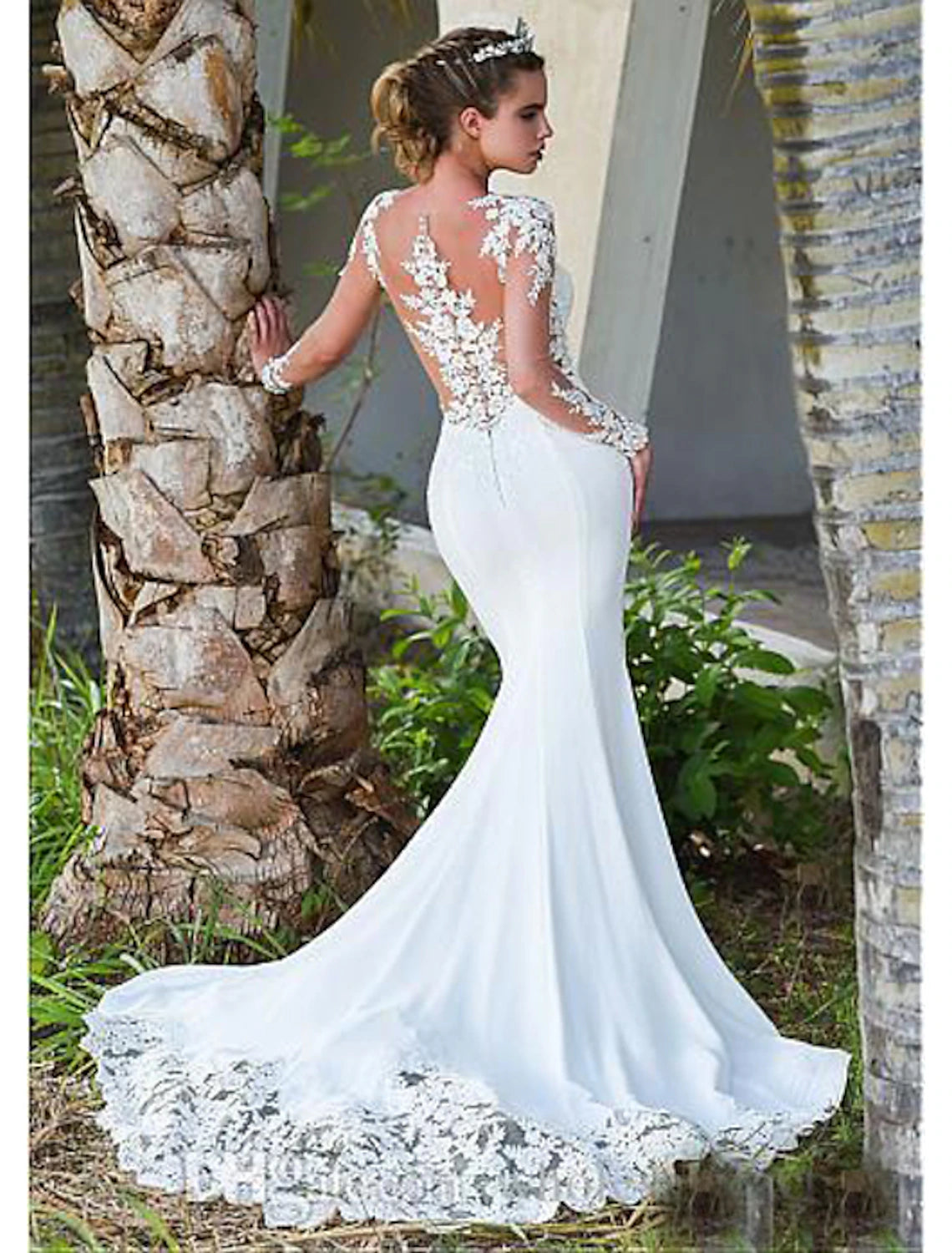 Aimishang Engagement Open Back Formal Fall Wedding Dresses Mermaid / Trumpet Illusion Neck Long Sleeve Court Train Lace Bridal Gowns With Appliques Summer Wedding Party