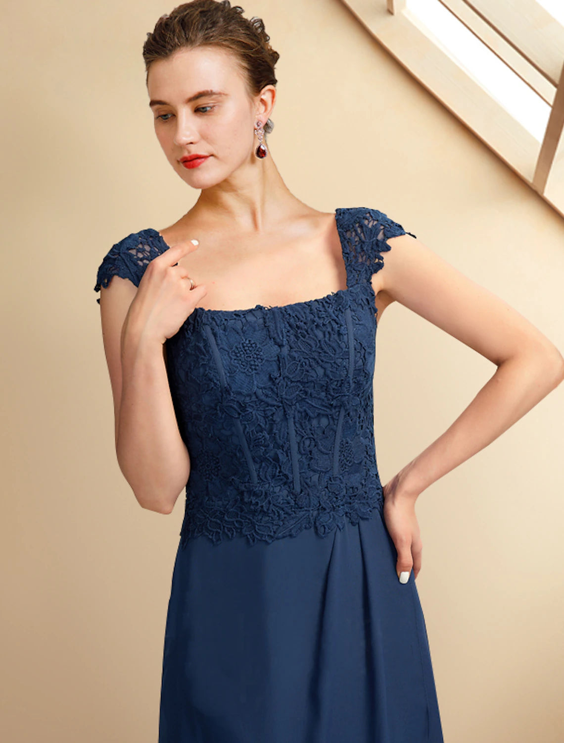 Aimishang Two Piece A-Line Mother of the Bride Dress Church Plus Size Elegant High Low Square Neck Asymmetrical Tea Length Chiffon Lace Short Sleeve Wrap Included with Appliques