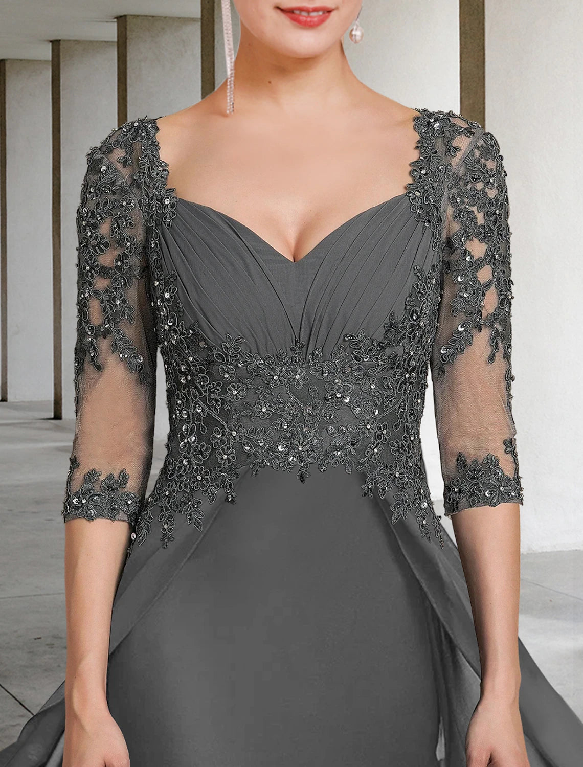 Aimishang Sheath / Column Mother of the Bride Dress Formal Wedding Guest Party Elegant Square Neck Floor Length Chiffon Lace 3/4 Length Sleeve with Sequin Appliques Ruching