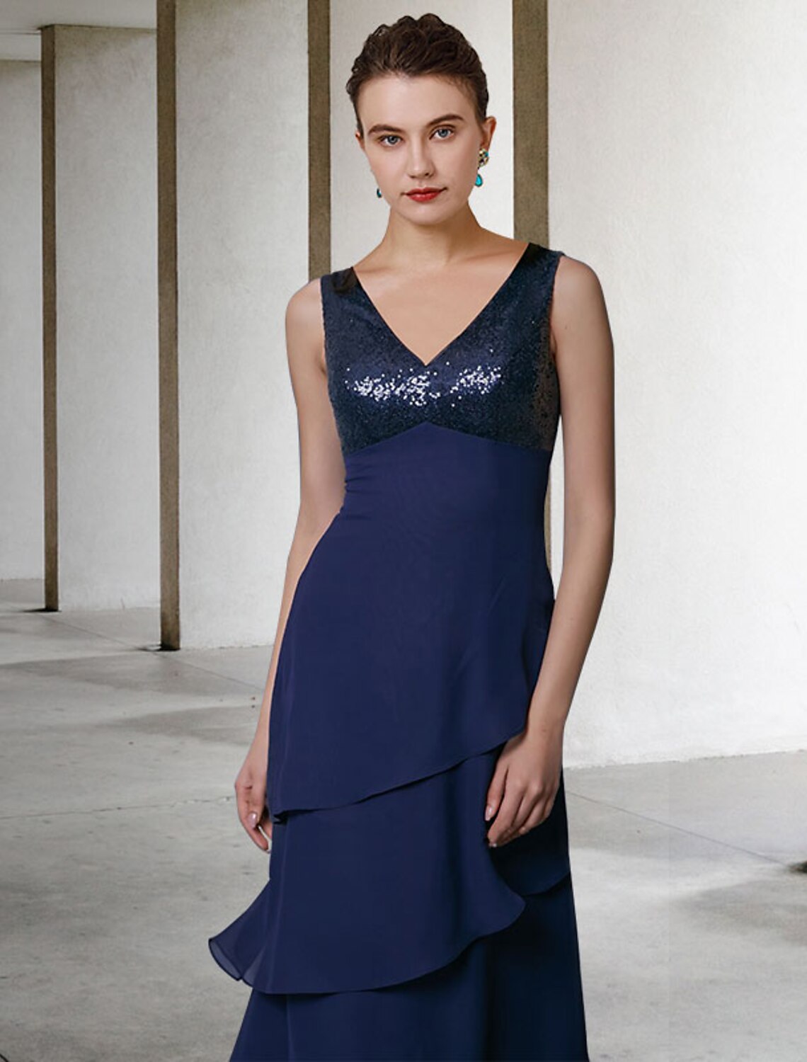 Aimishang A-Line Mother of the Bride Dress Elegant V Neck Floor Length Chiffon Sequined Sleeveless Wrap Included with Sequin Ruffles