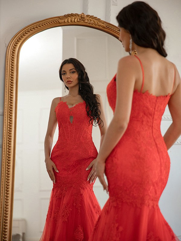 Aimishang Sheath/Column Lace Applique V-neck Sleeveless Sweep/Brush Train Dresses