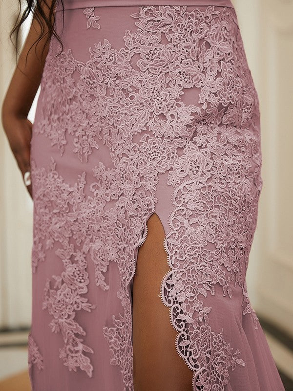 Aimishang Sheath/Column Tulle Applique Off-the-Shoulder Sleeveless Sweep/Brush Train Dresses