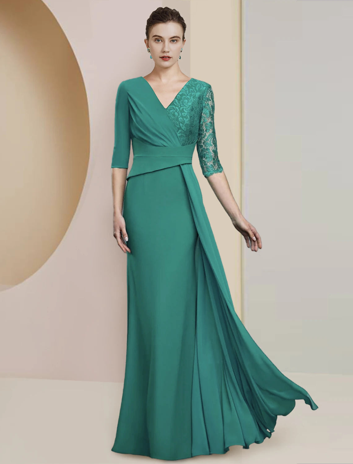 Aimishang Sheath / Column Mother of the Bride Dress Wedding Guest Elegant Jewel Neck Floor Length Chiffon Lace Half Sleeve with Sequin Ruching Solid Color