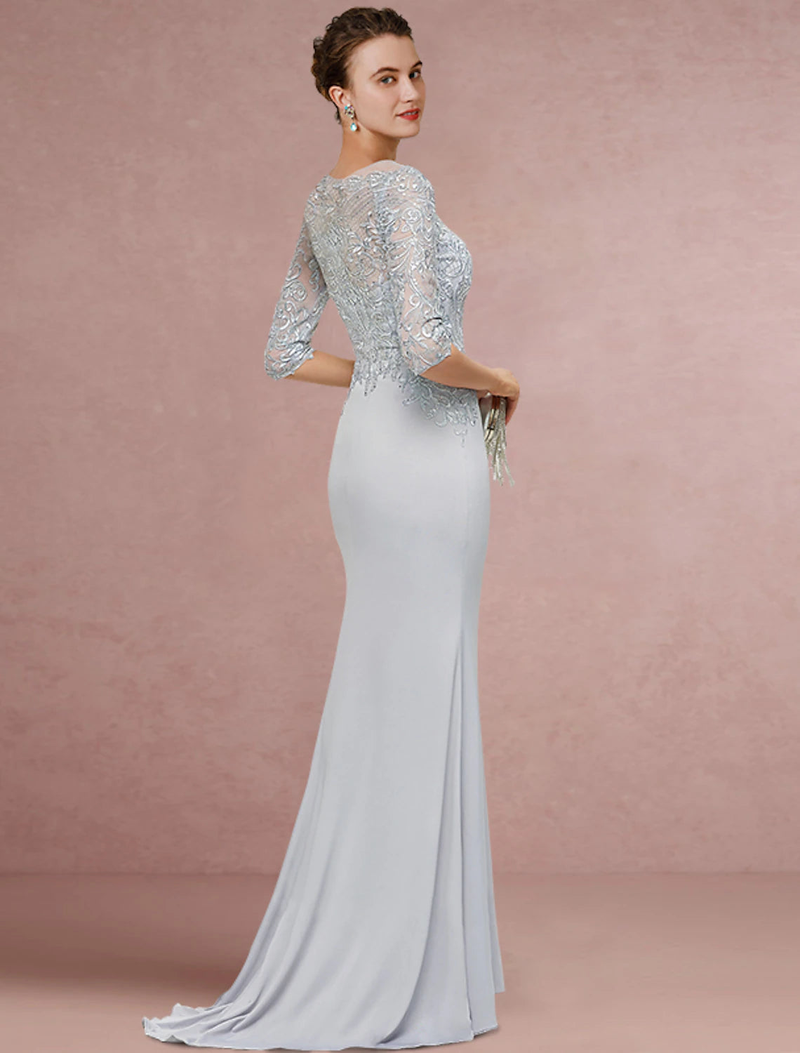 Aimishang Sheath / Column Mother of the Bride Dress Wedding Guest Vintage Elegant Scoop Neck Sweep / Brush Train Chiffon Lace Half Sleeve with Sequin