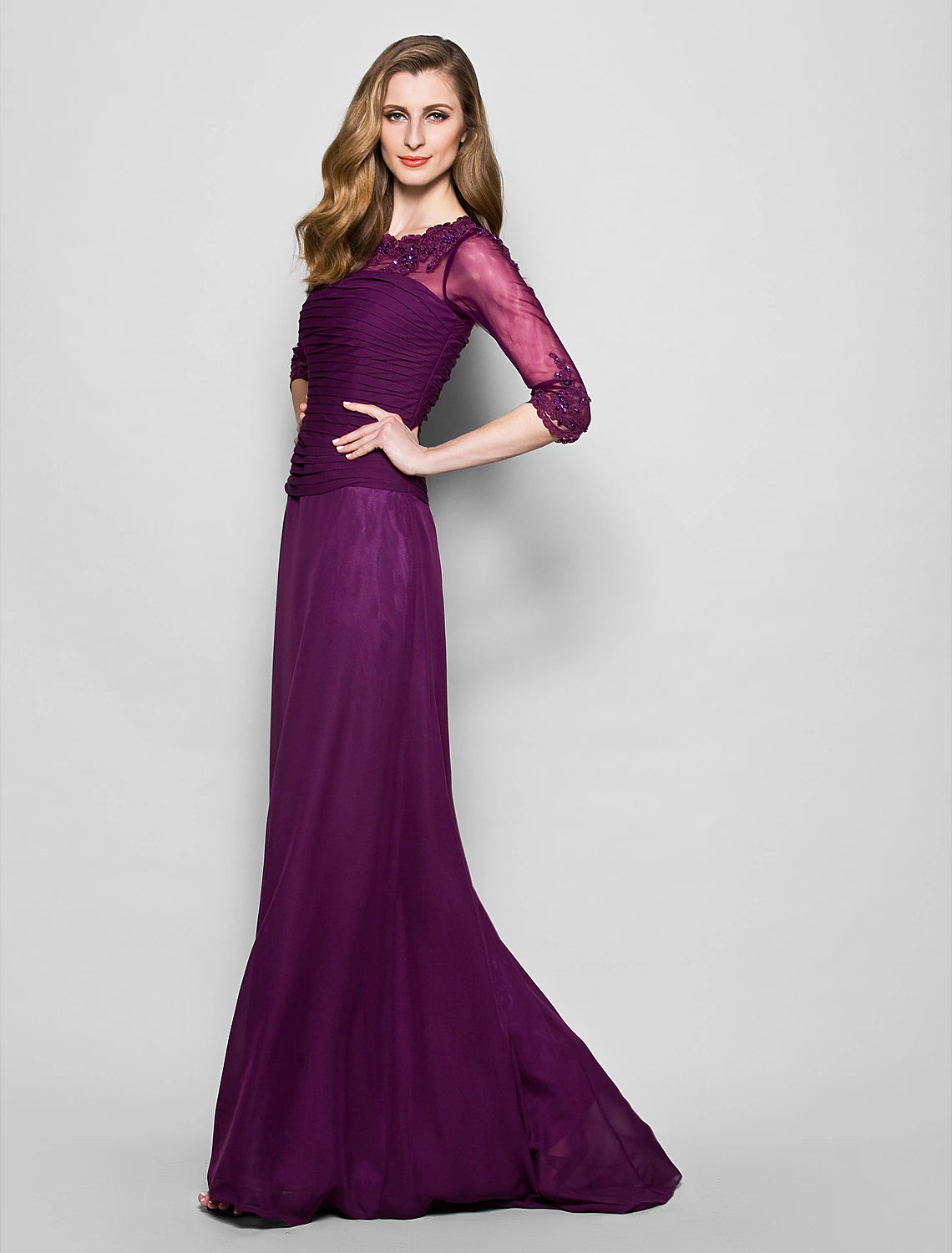 Aimishang A-Line Mother of the Bride Dress Elegant Jewel Neck Floor Length Chiffon Lace 3/4 Length Sleeve No with Ruched Beading Appliques