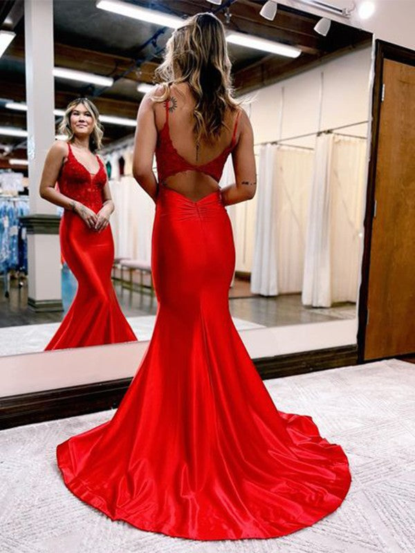 Aimishang Trumpet/Mermaid Long Prom Dress Woven Satin Applique Sleeveless Court Train Dresses Evening Dress