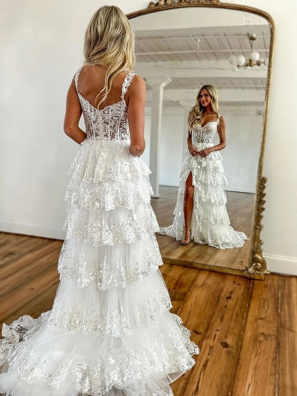 Aimishang A-Line/Princess Tulle Lace Straps Sleeveless Court Train Dresses