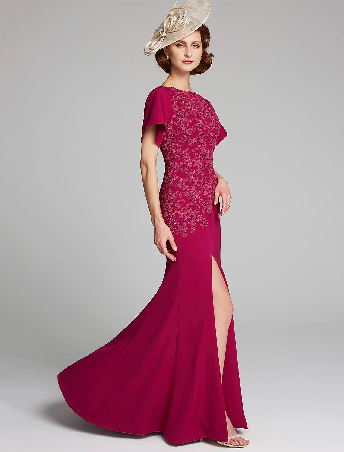 Aimishang Mermaid / Trumpet Mother of the Bride Dress Bateau Neck Floor Length Chiffon Lace Short Sleeve with Lace Split Front