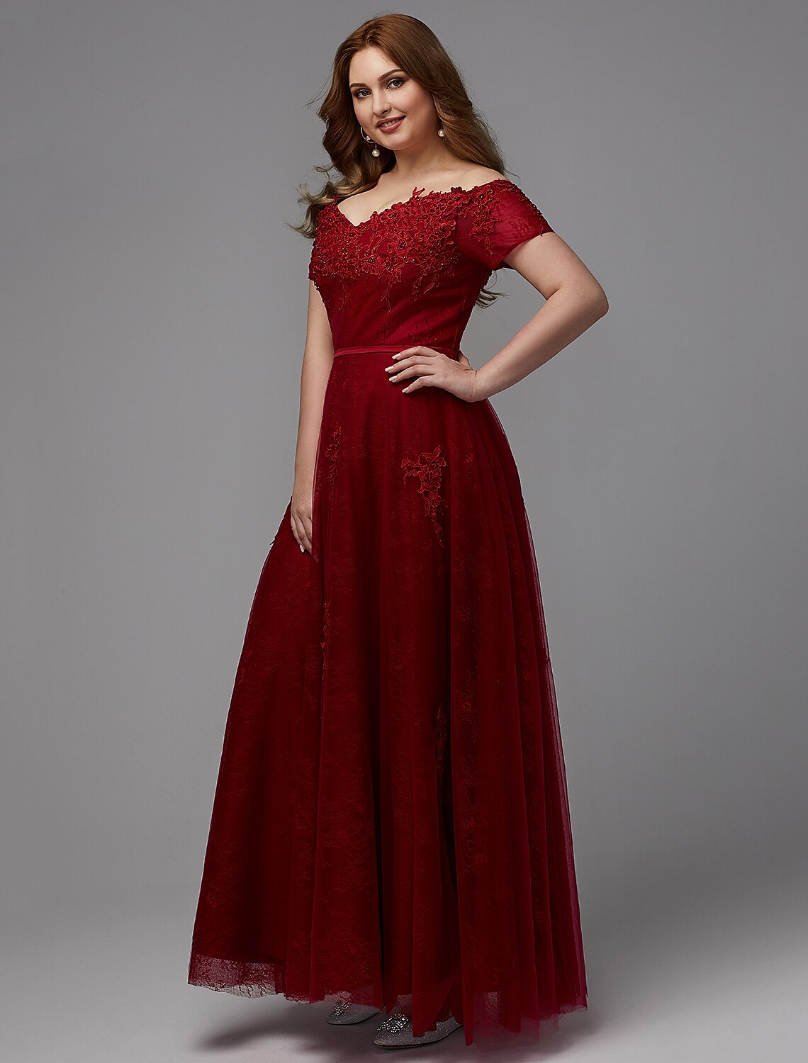 Aimishang A-Line Plus Size Dress Wedding Guest Prom Floor Length Short Sleeve Off Shoulder Lace Lace-up with Beading Appliques