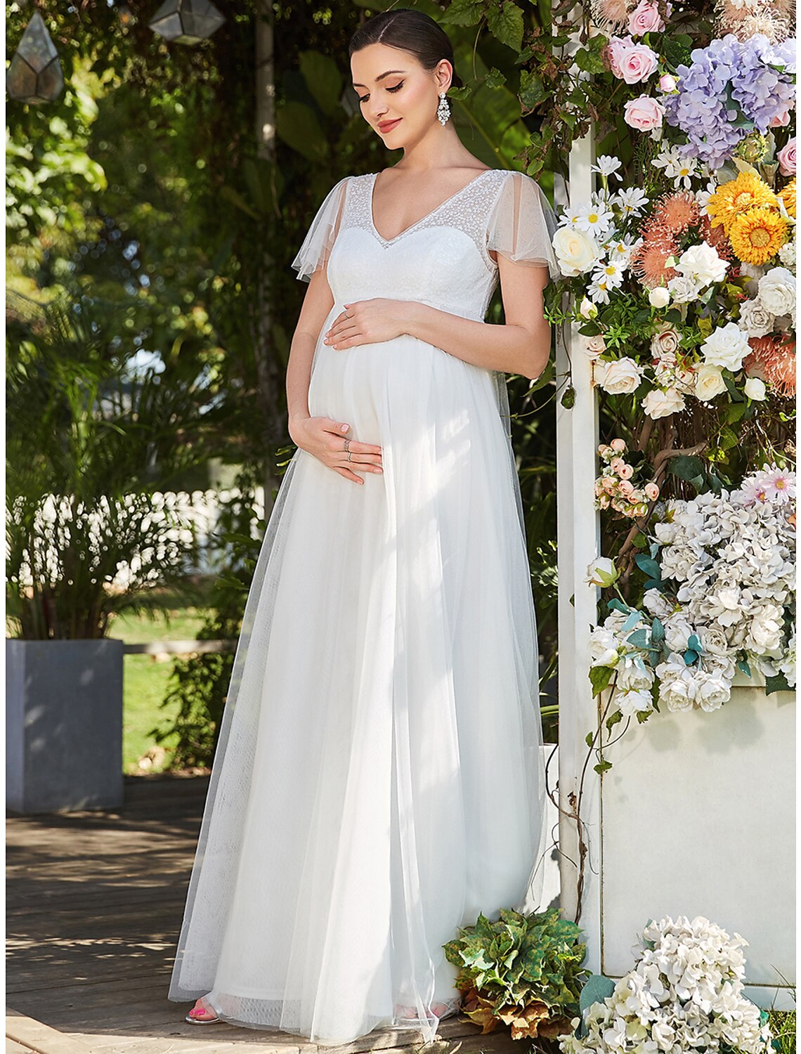 Aimishang A-Line Evening Gown Maternity Dress Formal Evening Floor Length Short Sleeve V Neck Tulle V Back with Pure Color Tiered