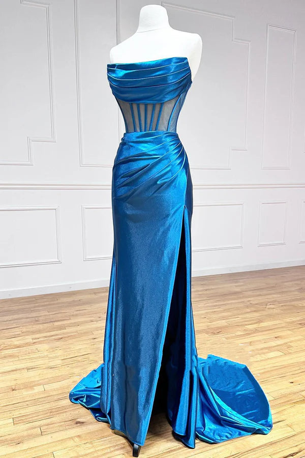 Aimishang Elegant Strapless Pleated Evening Dress Boning Sheer Long Prom Dress with Slit