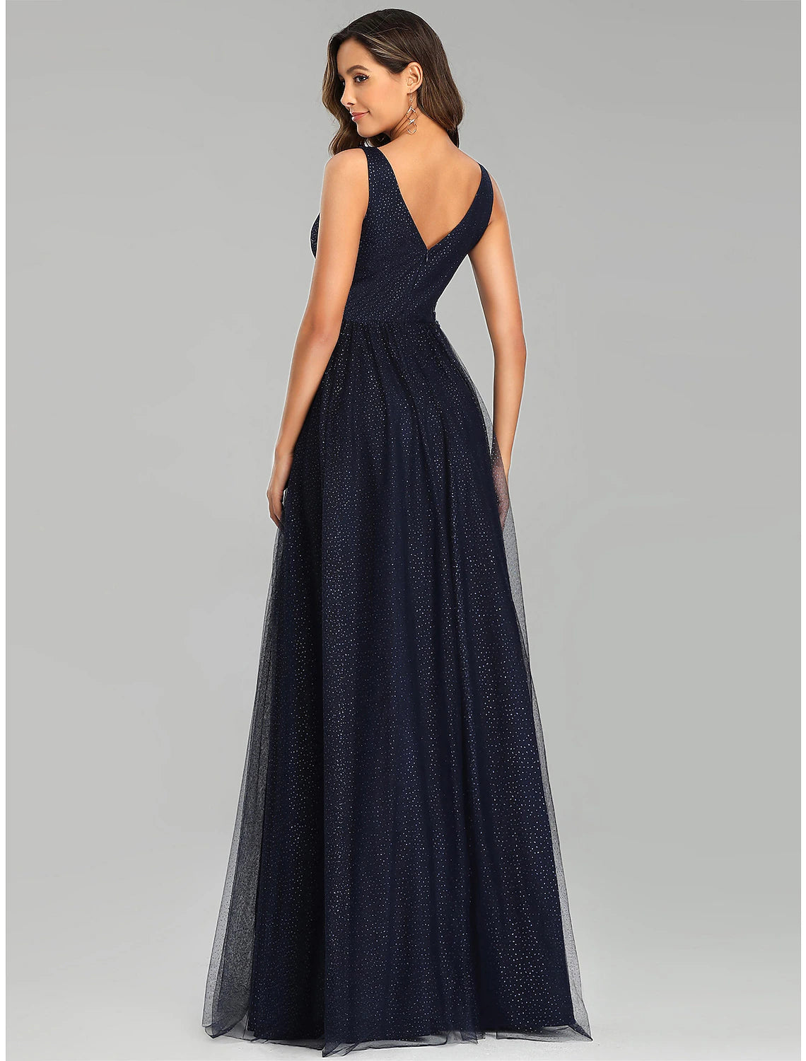 Aimishang A-Line Prom Dresses Empire Dress Wedding Guest Floor Length Sleeveless V Neck Tulle with Sequin Appliques