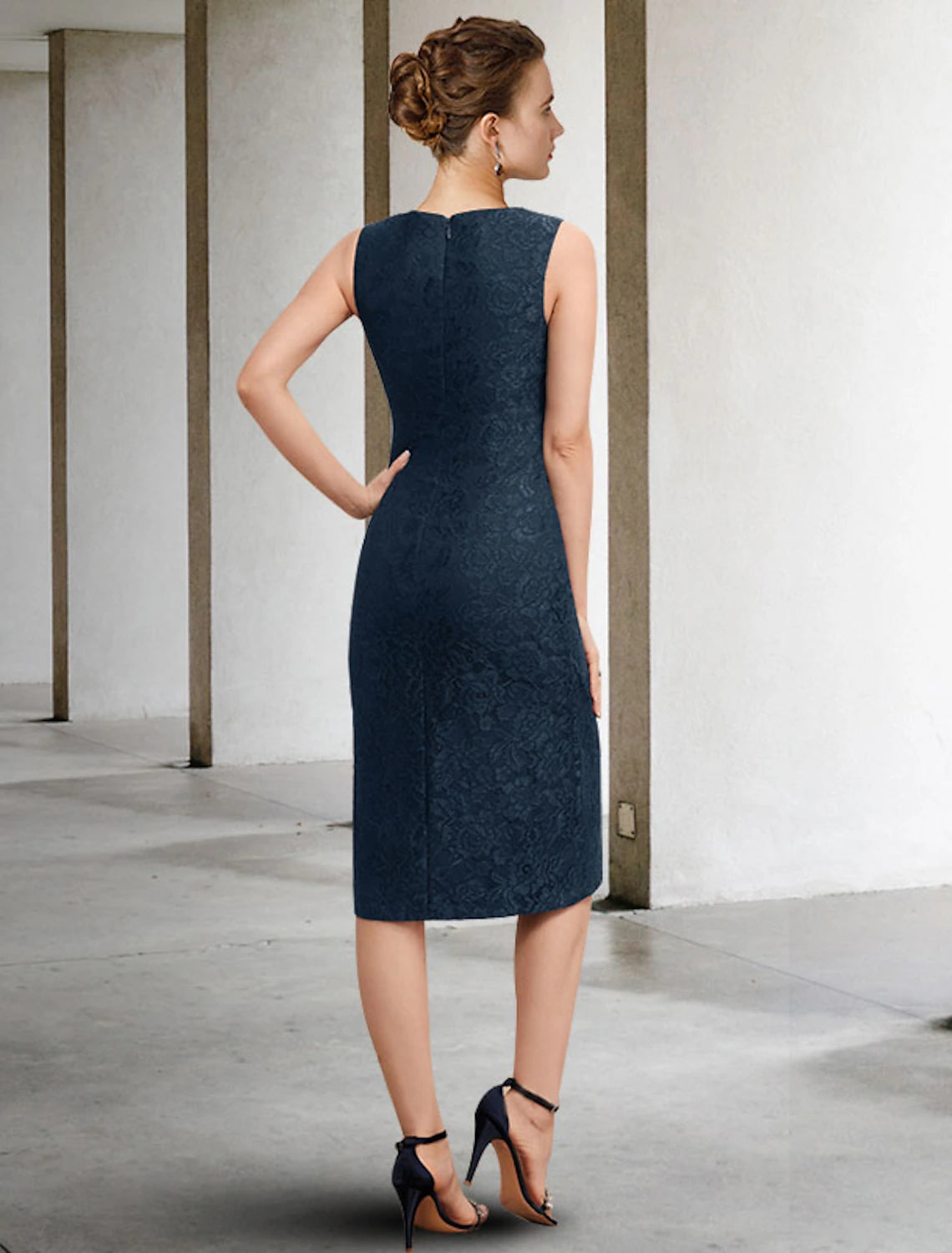 Aimishang Two Piece Sheath / Column Mother of the Bride Dress Wedding Guest Plus Size Elegant Jewel Neck Knee Length Chiffon Lace Sleeveless with Beading Appliques Fall