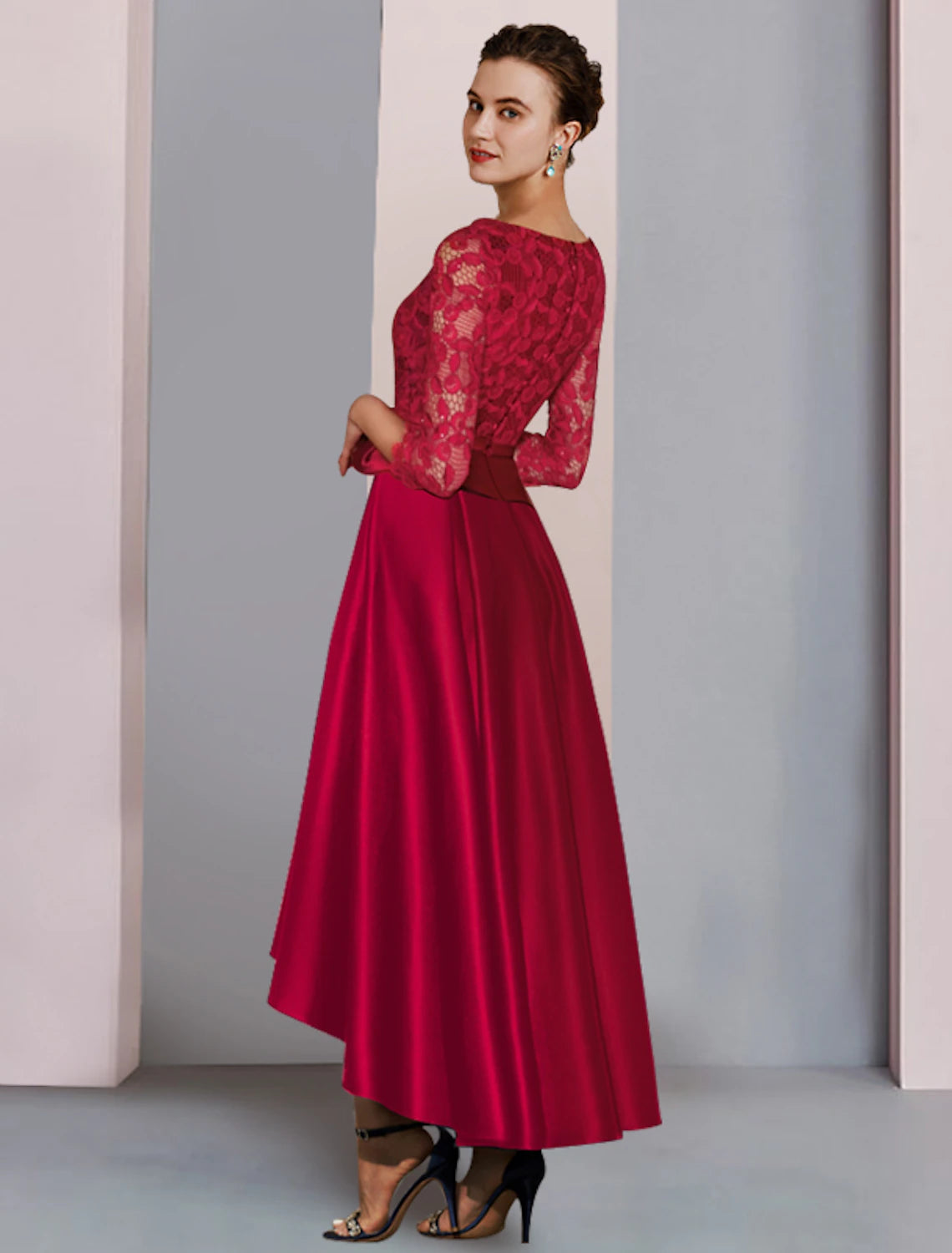 Aimishang A-Line Mother of the Bride Dress Formal Fall Wedding Guest Party Elegant High Low Scoop Neck Asymmetrical Tea Length Satin Lace 3/4 Length Sleeve with Bow(s) Pleats