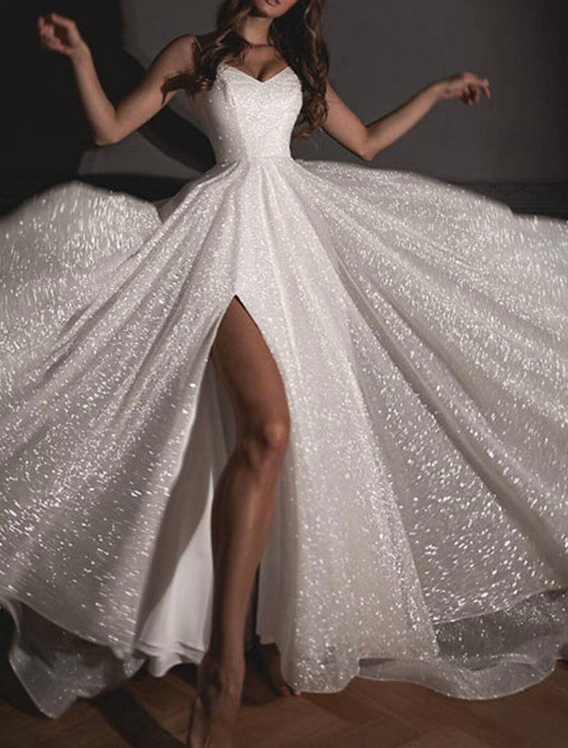 Aimishang A-Line Prom Dresses Glittering Dress Wedding Guest Wedding Party Sweep / Brush Train Sleeveless Spaghetti Strap Fall Wedding Reception Tulle with Sequin Slit